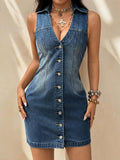 Front studio view of medium-wash sleeveless denim shirt dress with fitted shape