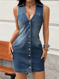 Front view of collared denim mini dress with metal buttons and contrast stitching