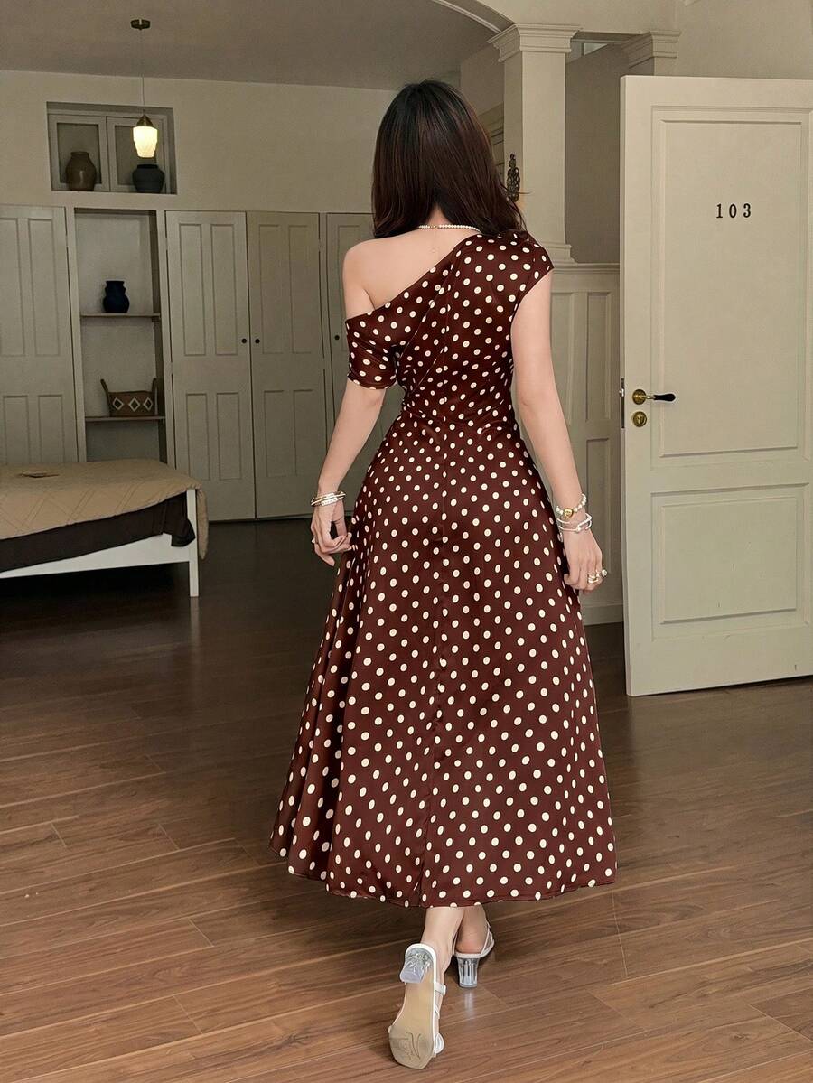 Back view of coffee brown polka dot A-line maxi dress