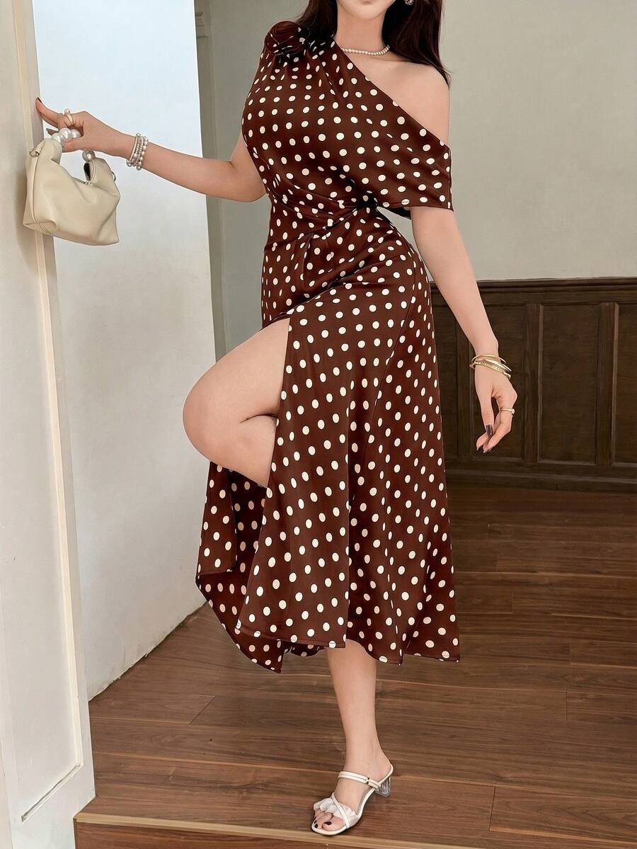 Front view of coffee brown polka dot maxi dress with side slit