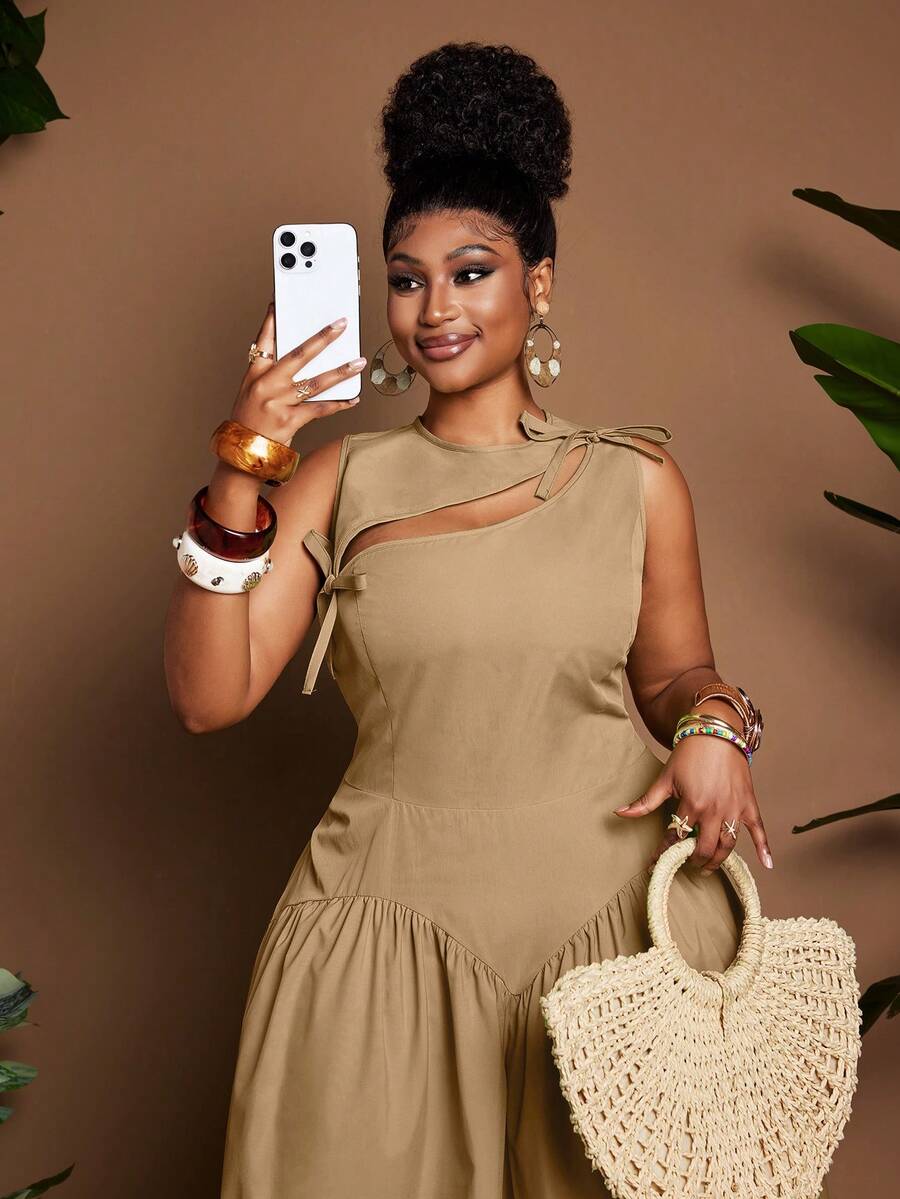 Image 8 - hem detail of Stylish Plus Size Sleeveless Dress with Cutout and Cinched Waist for a Flattering Fit