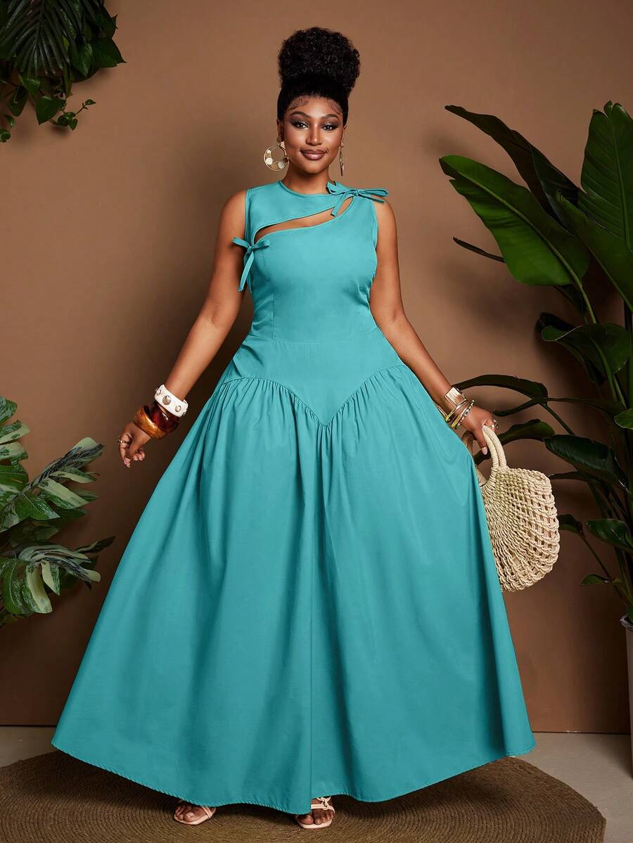 Image 1 - front view of Stylish Plus Size Sleeveless Dress with Cutout and Cinched Waist for a Flattering Fit