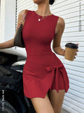 2-in-1 tennis skort mini dress with built-in shorts, round neck, open back, waist tie, wrap skirt and sporty stretch fabric image 10