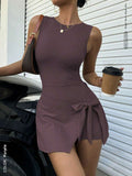 2-in-1 tennis skort mini dress with built-in shorts, round neck, open back, waist tie, wrap skirt and sporty stretch fabric image 13