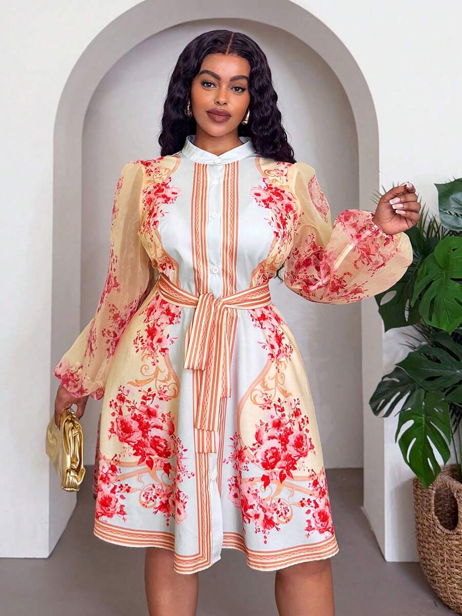 Back view of Elegant Floral Plus Size Mini Shirt Dress for Beach Vacations and Special Occasions Multicolor_1 flared hem fit