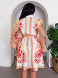 Front view of Elegant Floral Plus Size Mini Shirt Dress for Beach Vacations and Special Occasions in Multicolor_2 color