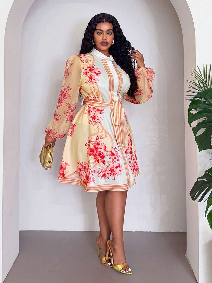Side profile of Elegant Floral Plus Size Mini Shirt Dress for Beach Vacations and Special Occasions Multicolor_1 mini shirt dress style