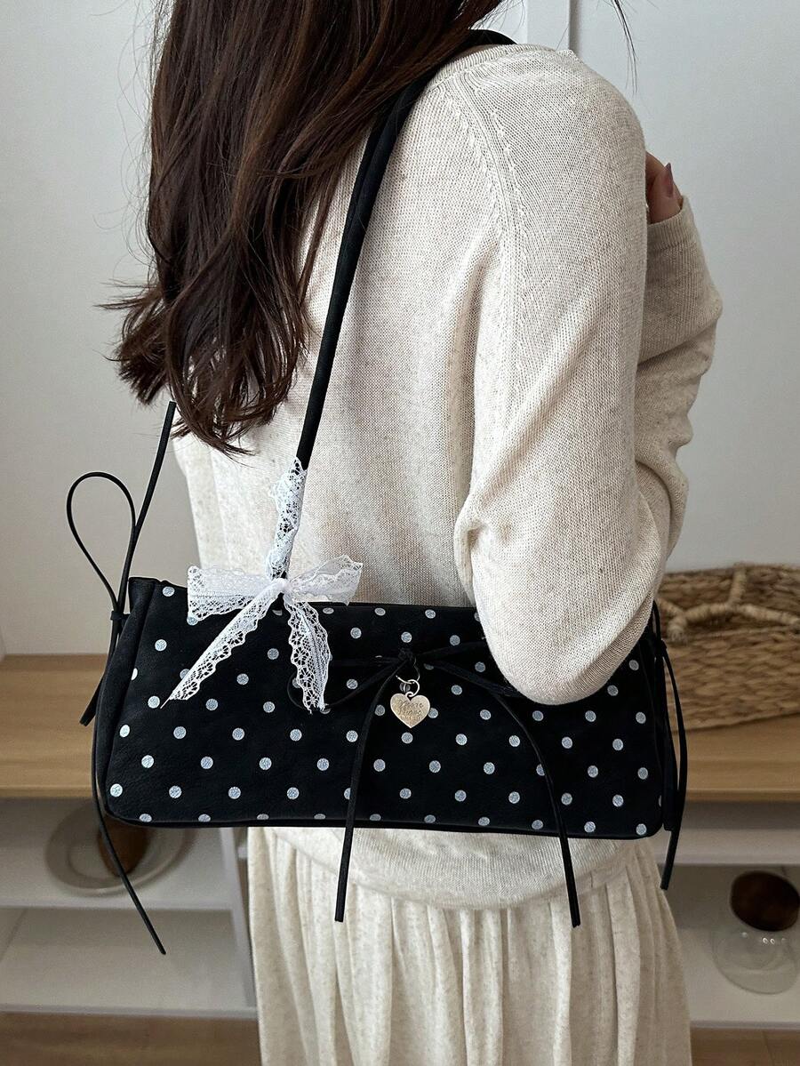 Image 1 - front view of Vintage Oversized Tote Bag for Women - Stylish Burgundy Underarm Bag with Polka Dot Strap and Large Capacity for Daily Use, Office, and Travel