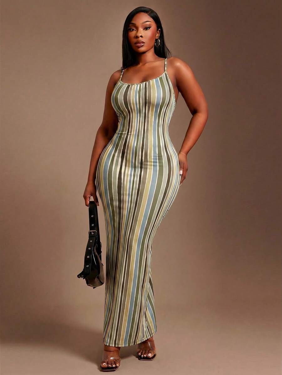 Image 1 - front view of Elegant Plus Size Casual Brown Bodycon Maxi Dress for Women - Perfect for Night Out