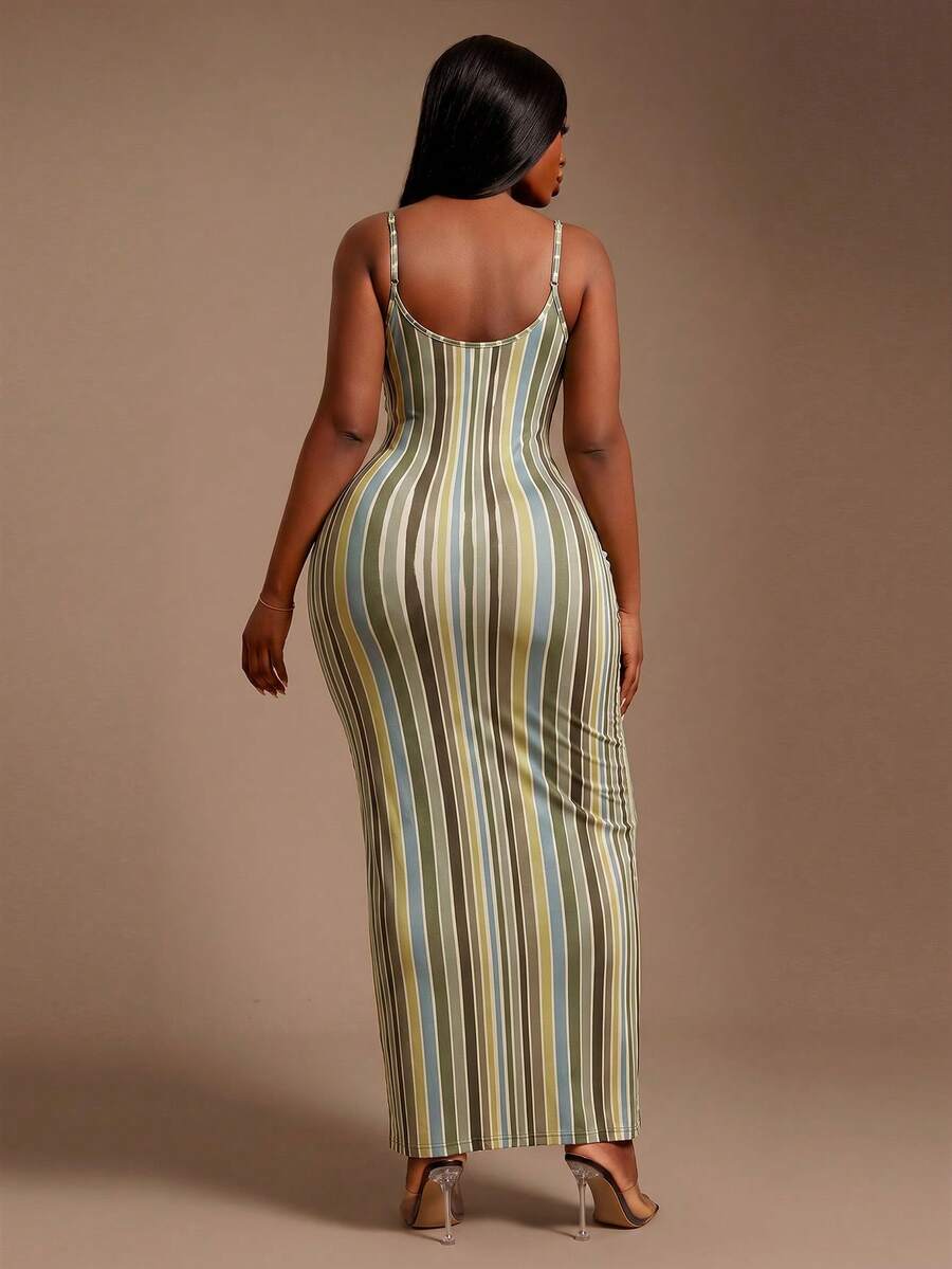 Image 1 - front view of Elegant Plus Size Casual Brown Bodycon Maxi Dress for Women - Perfect for Night Out