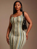 Image 3 - back view of Elegant Plus Size Casual Brown Bodycon Maxi Dress for Women - Perfect for Night Out