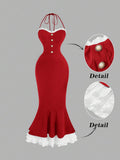 Red lace trim halter mermaid dress with decorative front buttons and layered hem