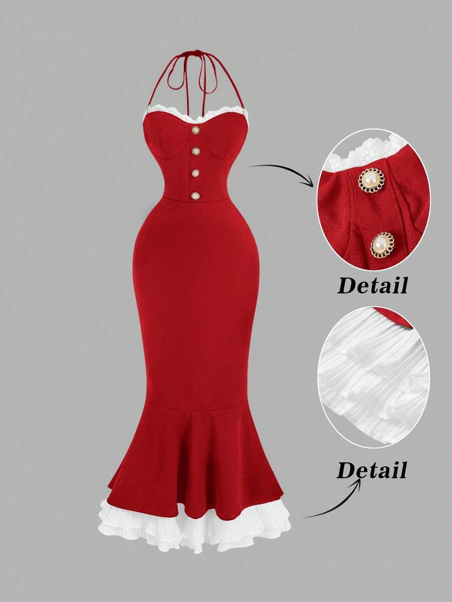 Red lace trim halter mermaid dress with decorative front buttons and layered hem