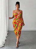 Image 7 - color option of Plus Size Women’s Tie Dye Pleated Casual Halter Neck Dress for Trendy Party Outings