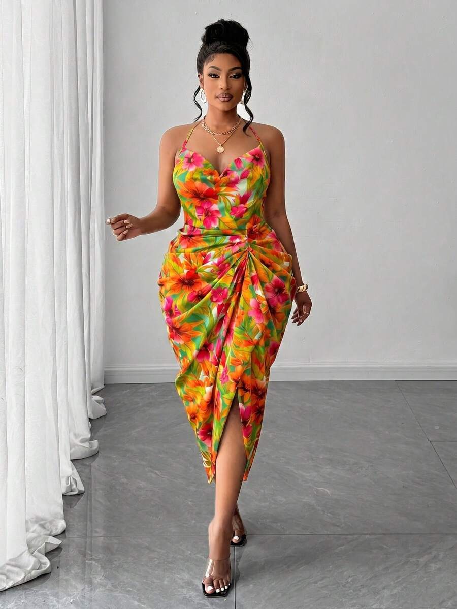 Image 7 - color option of Plus Size Women’s Tie Dye Pleated Casual Halter Neck Dress for Trendy Party Outings