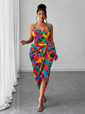 Image 10 - styled outfit of Plus Size Women’s Tie Dye Pleated Casual Halter Neck Dress for Trendy Party Outings