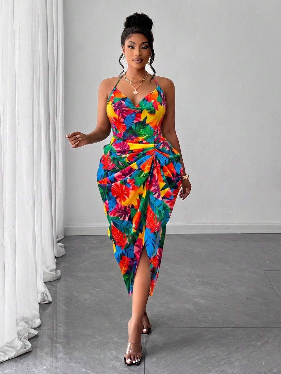 Image 10 - styled outfit of Plus Size Women’s Tie Dye Pleated Casual Halter Neck Dress for Trendy Party Outings