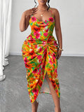 Image 9 - waist detail of Plus Size Women’s Tie Dye Pleated Casual Halter Neck Dress for Trendy Party Outings