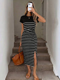 Image 4 - detail view of Elegant Navy Blue Striped Midi Dress for Women - Casual Nautical Style with High Slit and Twist Waist