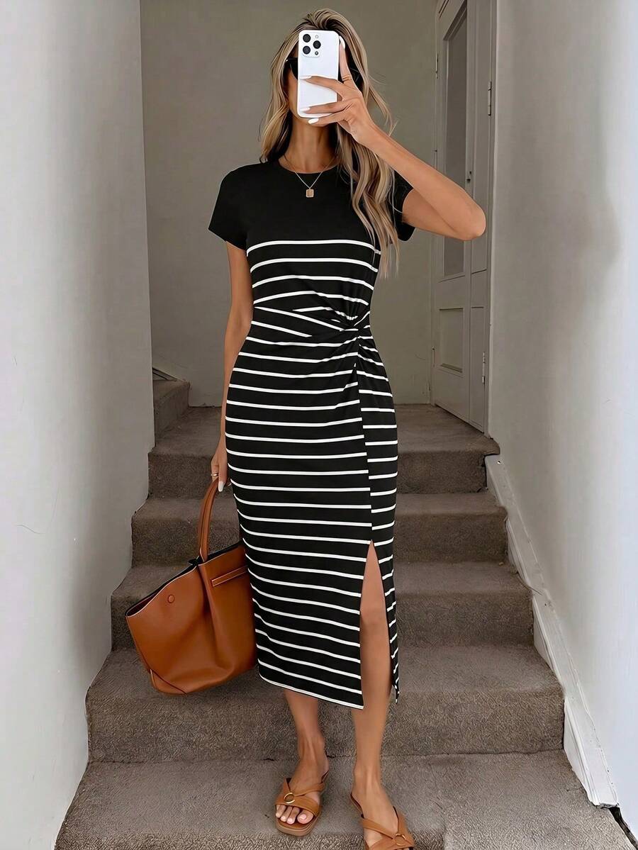 Image 4 - detail view of Elegant Navy Blue Striped Midi Dress for Women - Casual Nautical Style with High Slit and Twist Waist