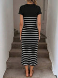 Image 5 - material detail of Elegant Navy Blue Striped Midi Dress for Women - Casual Nautical Style with High Slit and Twist Waist