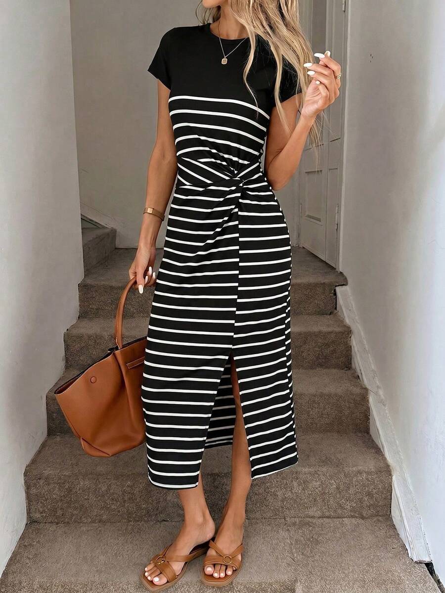 Image 6 - full length view of Elegant Navy Blue Striped Midi Dress for Women - Casual Nautical Style with High Slit and Twist Waist