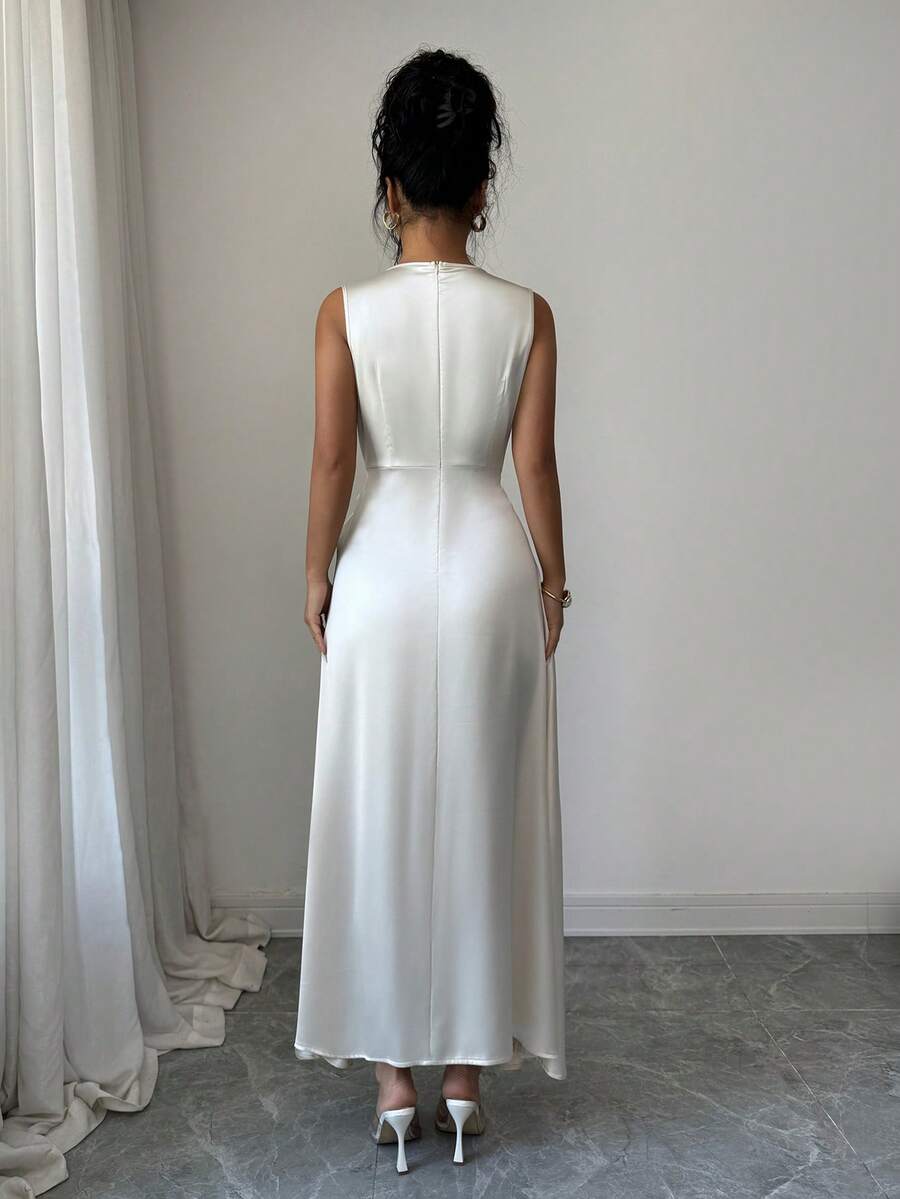 Champagne satin midi dress view 1