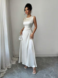 Champagne satin midi dress view 3