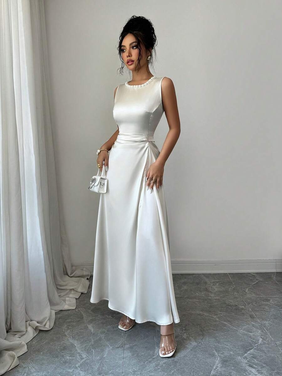 Champagne satin midi dress view 3
