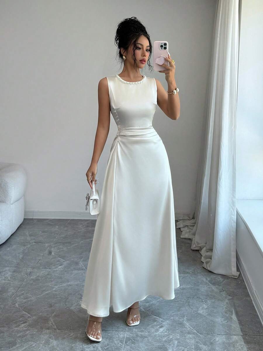 Champagne satin midi dress view 4