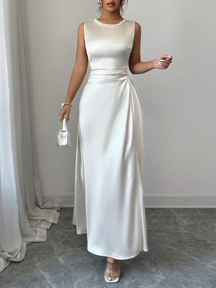 Champagne satin midi dress view 5