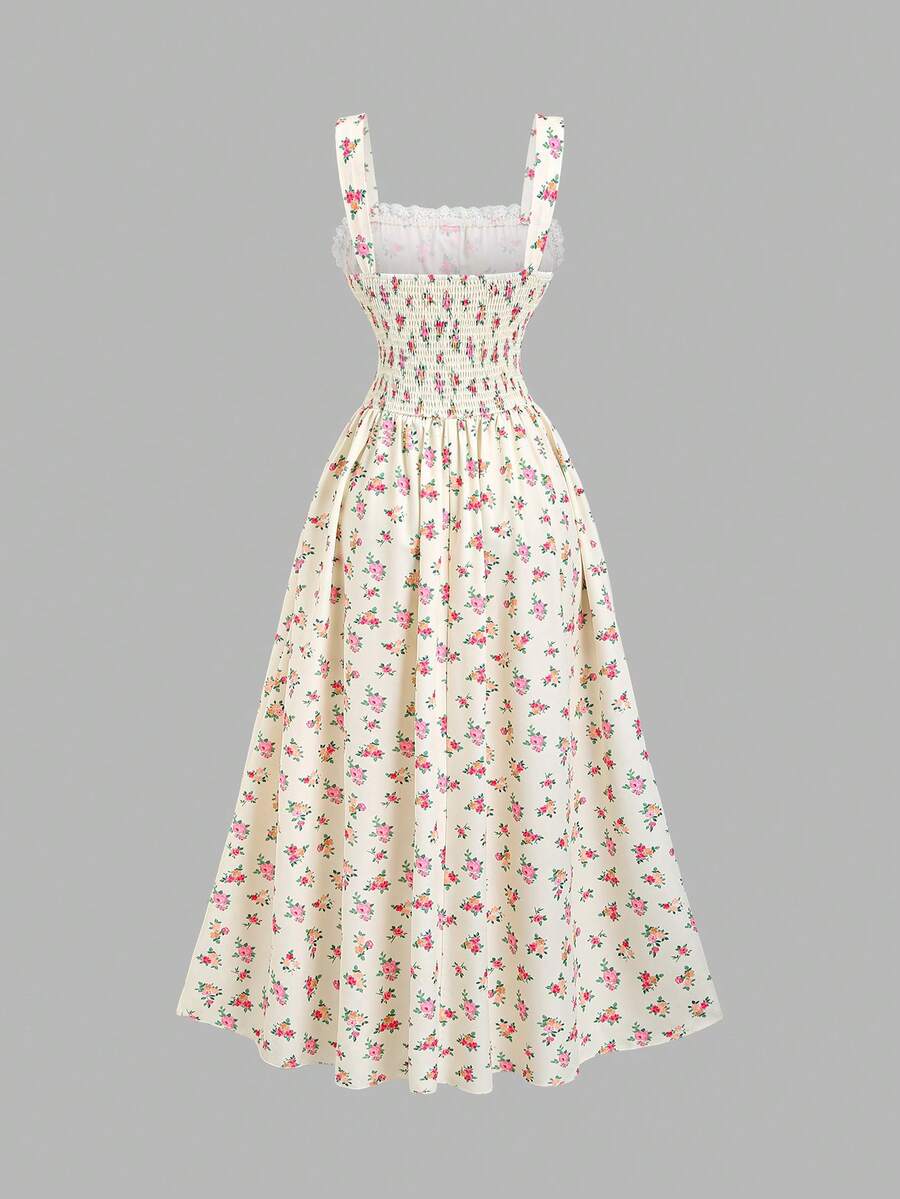 Back view of cream floral smocked maxi dress