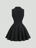 Black pinstriped bow mini dress with shirt collar and flared skirt