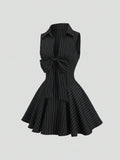 White striped fitted bodice mini dress with open neckline