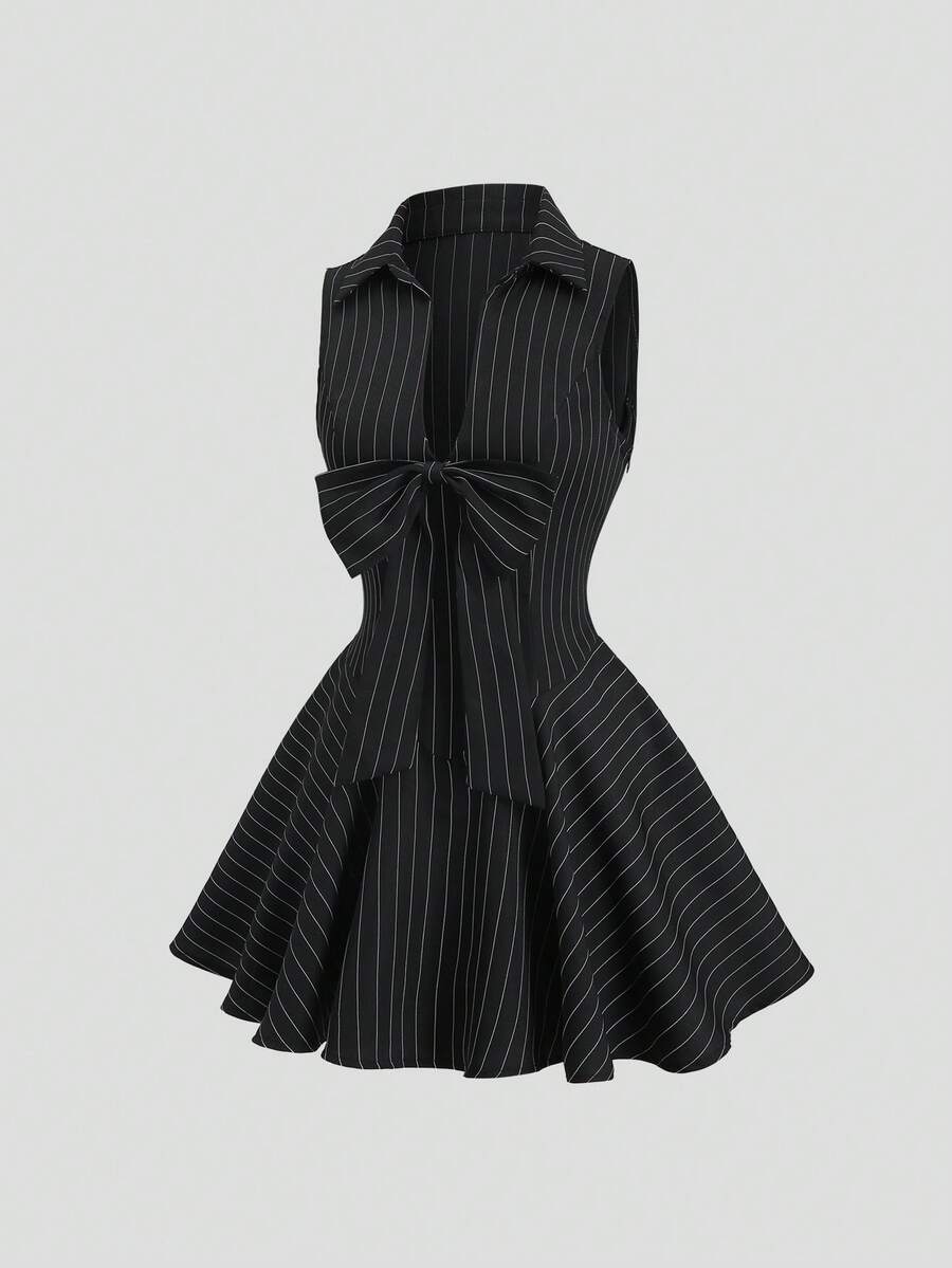 White striped fitted bodice mini dress with open neckline