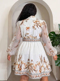 Back view of Elegant Floral Plus Size Mini Shirt Dress for Beach Vacations and Special Occasions Multicolor flared hem fit