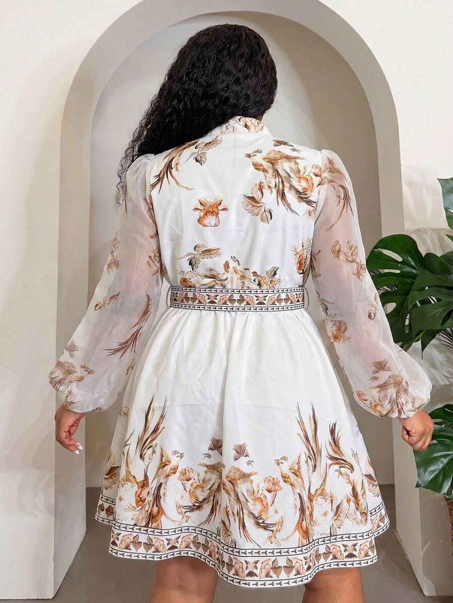 Back view of Elegant Floral Plus Size Mini Shirt Dress for Beach Vacations and Special Occasions Multicolor flared hem fit