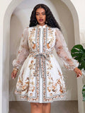 Front view of Elegant Floral Plus Size Mini Shirt Dress for Beach Vacations and Special Occasions in Multicolor_1 color