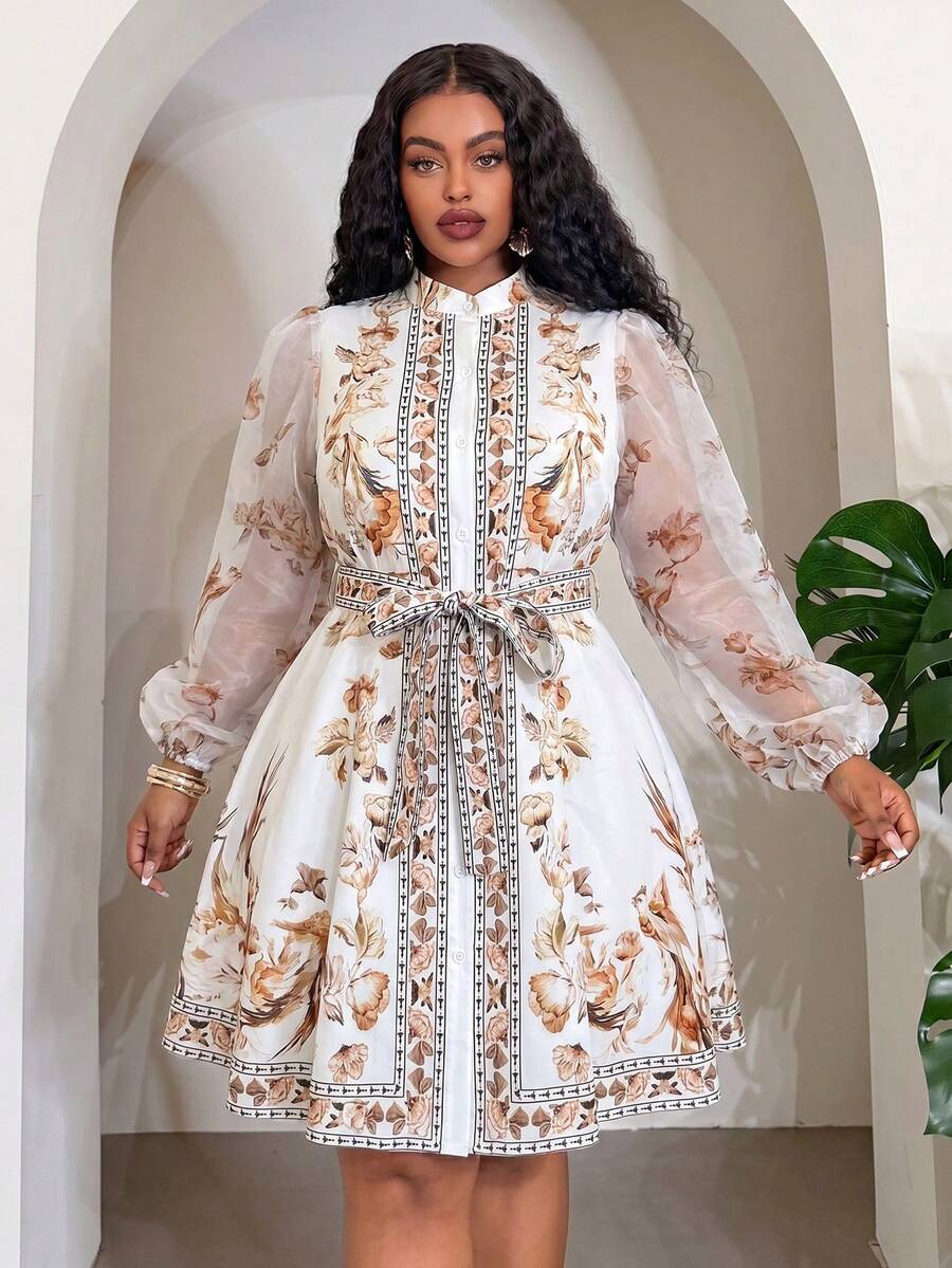 Front view of Elegant Floral Plus Size Mini Shirt Dress for Beach Vacations and Special Occasions in Multicolor_1 color
