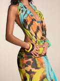 Detail view of Chic Butterfly Print 2-Piece Vacation Set: Backless Camisole & Long Slit Maxi Skirt for Beach Getaways for women co-ord styling