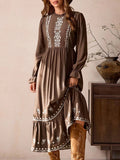 Back view of vintage bohemian brown maxi dress with frill trim and embroidered hem for autumn/winter with maxi dress silhouette for daily wear