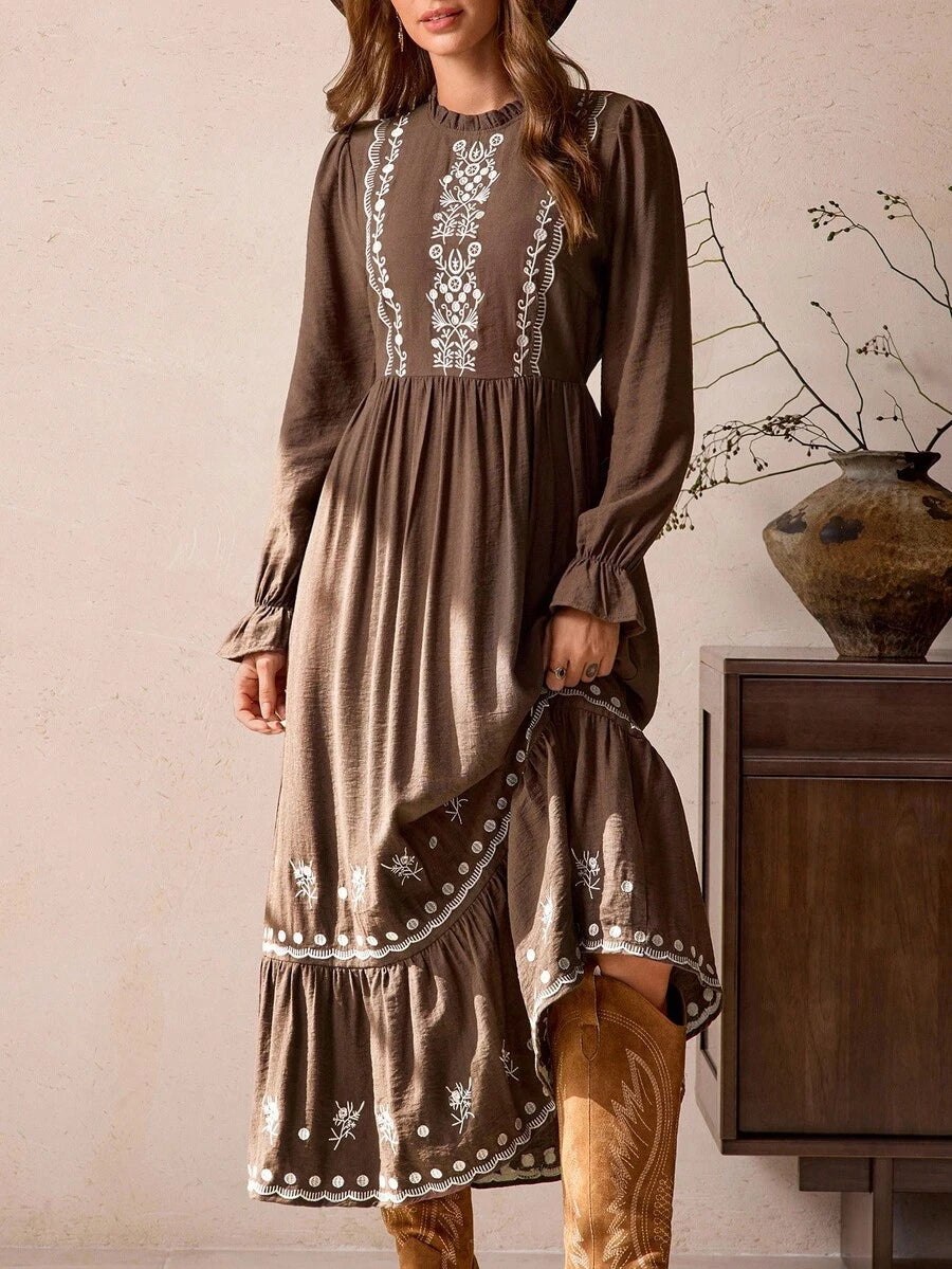 Back view of vintage bohemian brown maxi dress with frill trim and embroidered hem for autumn/winter with maxi dress silhouette for daily wear