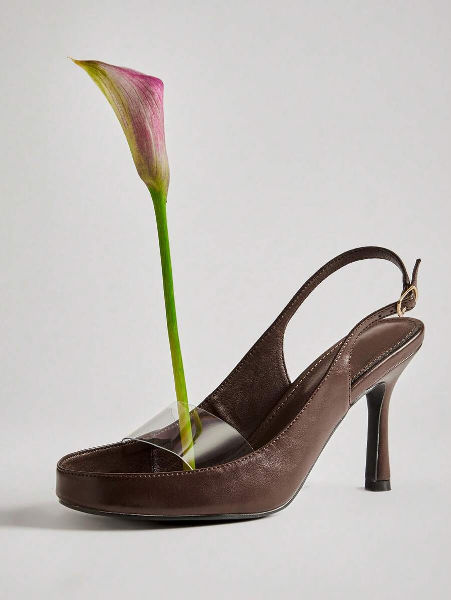 Espresso brown clear-vamp slingback heel with a pink calla lily