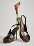Pair of espresso brown transparent-vamp slingback stilettos