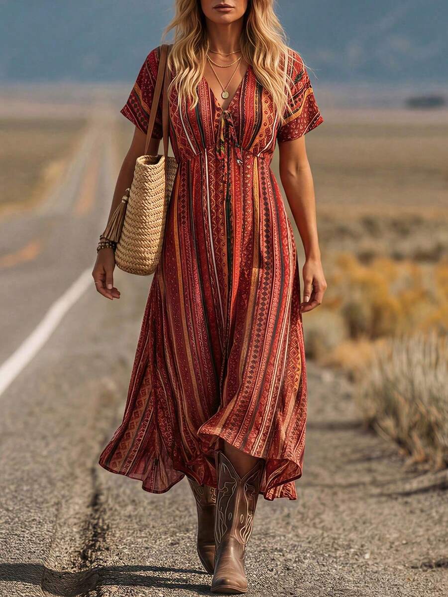 Front view of floral V-neck A-line dress for summer vacations
