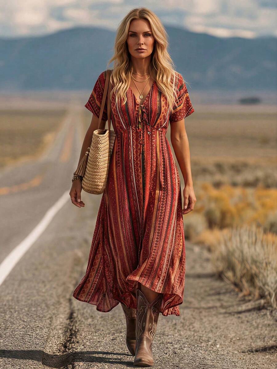 Detail view of tie front and V-neck on boho summer dress
