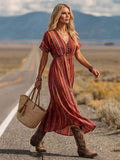 Vacation styling view of long A-line floral dress for women