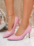 pink patent stiletto pumps image 3 showing visible heel, strap, toe, color, and material details
