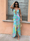 42 media show strappy mesh maxi dress in solids and prints with deep plunge V, front bead connector, ruffle trim, ruched bodice and hips, thigh slit, sheer flared lower skirt, low straight back, adjustable spaghetti straps. image 33