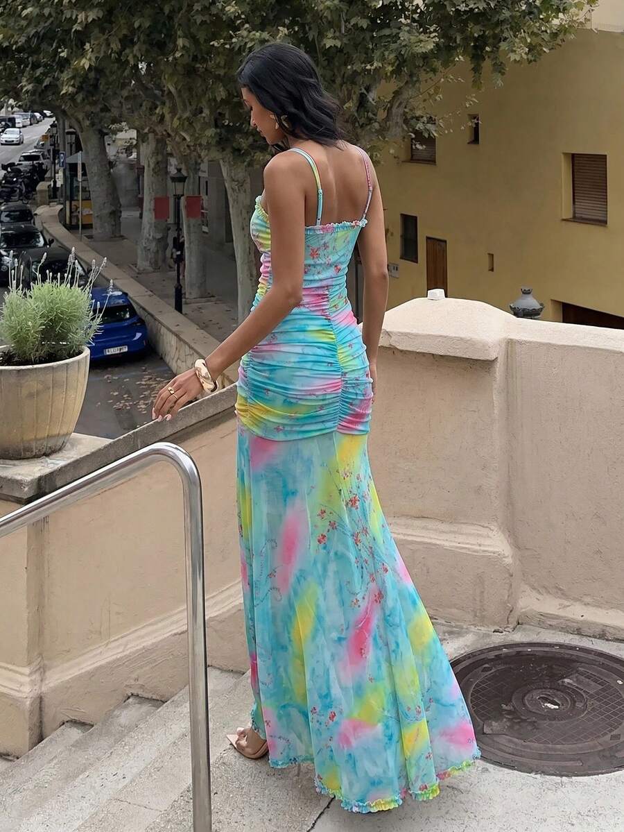 42 media show strappy mesh maxi dress in solids and prints with deep plunge V, front bead connector, ruffle trim, ruched bodice and hips, thigh slit, sheer flared lower skirt, low straight back, adjustable spaghetti straps. image 34